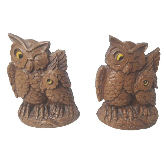 Vintage Brown Carved Wood Owl Bookend Set of Two Rustic Decorative - Picture 1 of 6